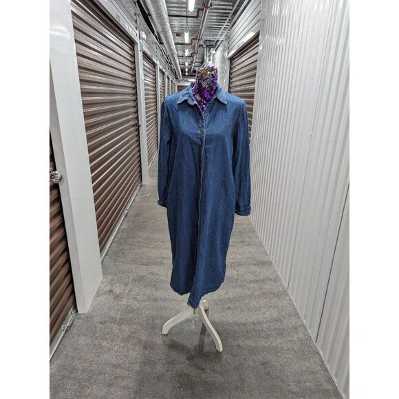 Vintage 90s Style Blue Button Down Denim Long Sleeve Midi Dress Coastal Cowgirl - Picture 3 of 7